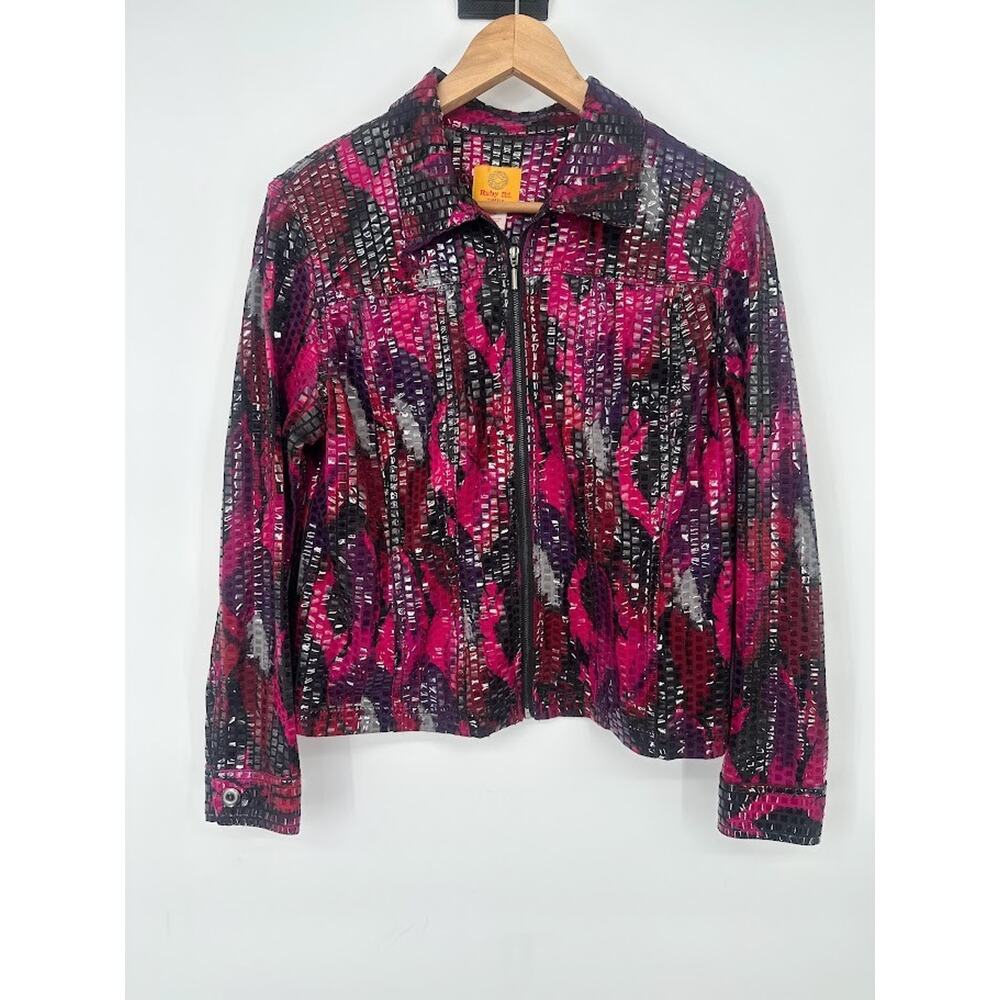 Ruby Rd Womens‎ Sparkle Wet-look Jacket Pink Black 12P Full Zip Abstract Artsy